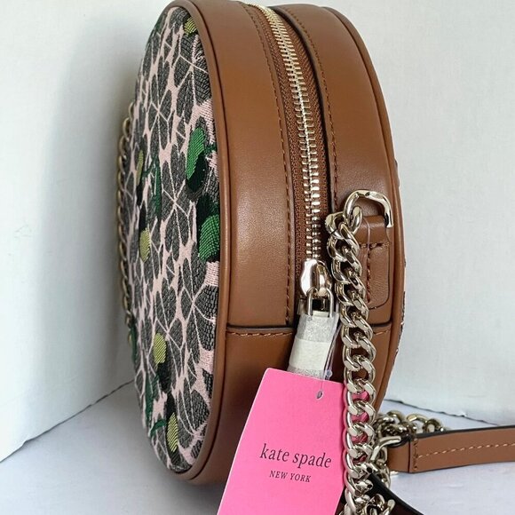 Kate Spade Canteen Jacquard Cherry Brown Crossbody Round Small Leather Floral - Picture 7 of 11